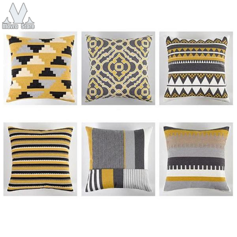 Cushion Covers Traditional Style Yellow Grey 6 Pcs